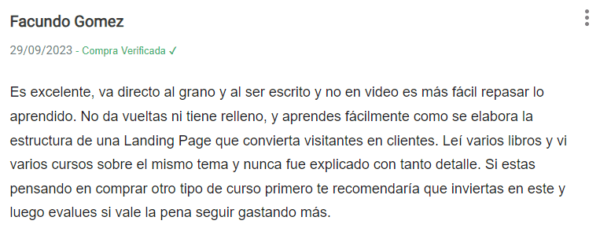 Testimonial sobre el curso Anatomía de una Página de Ventas de Alta Conversión.