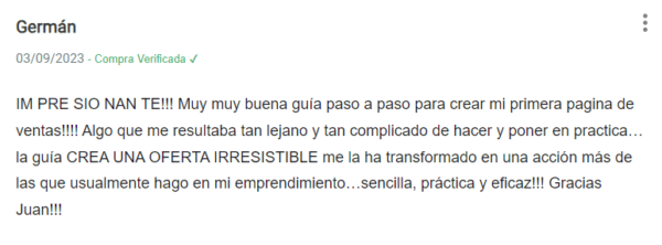 Testimonial sobre el curso Anatomía de una Página de Ventas de Alta Conversión.