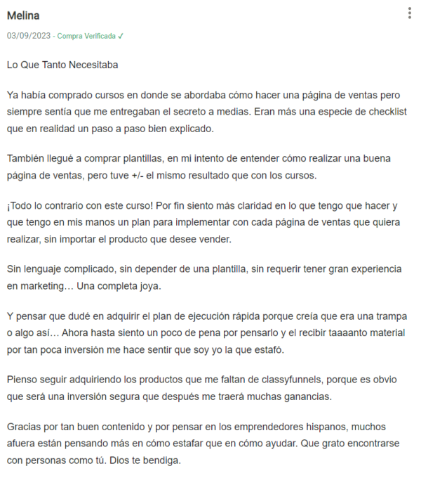 Testimonial sobre el curso Anatomía de una Página de Ventas de Alta Conversión.