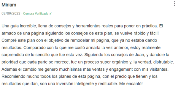 Testimonial sobre el curso Anatomía de una Página de Ventas de Alta Conversión.