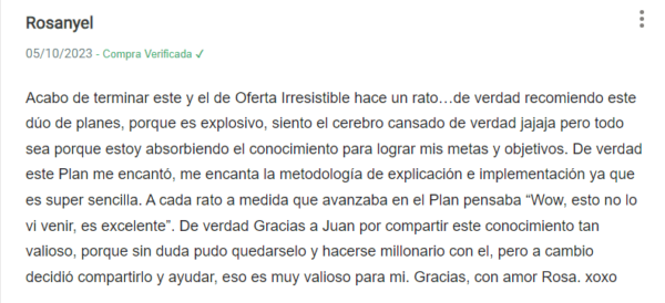 Testimonial sobre el curso Anatomía de una Página de Ventas de Alta Conversión.