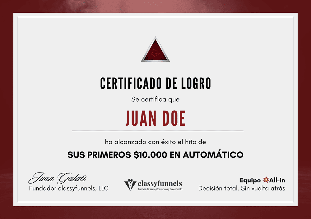Diploma del movimiento all-in que refleja el crecimiento y los logros en classyfunnels