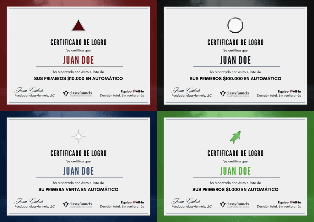 Diploma del movimiento all-in que refleja el crecimiento y los logros en classyfunnels