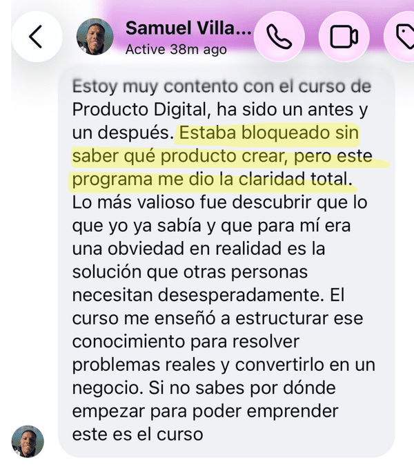 Testimonio sobre el curso de Ventas de Productos Digitales